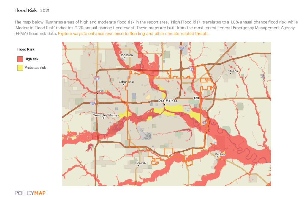 Map of Des Moines High and Moderate Flood Risk areas