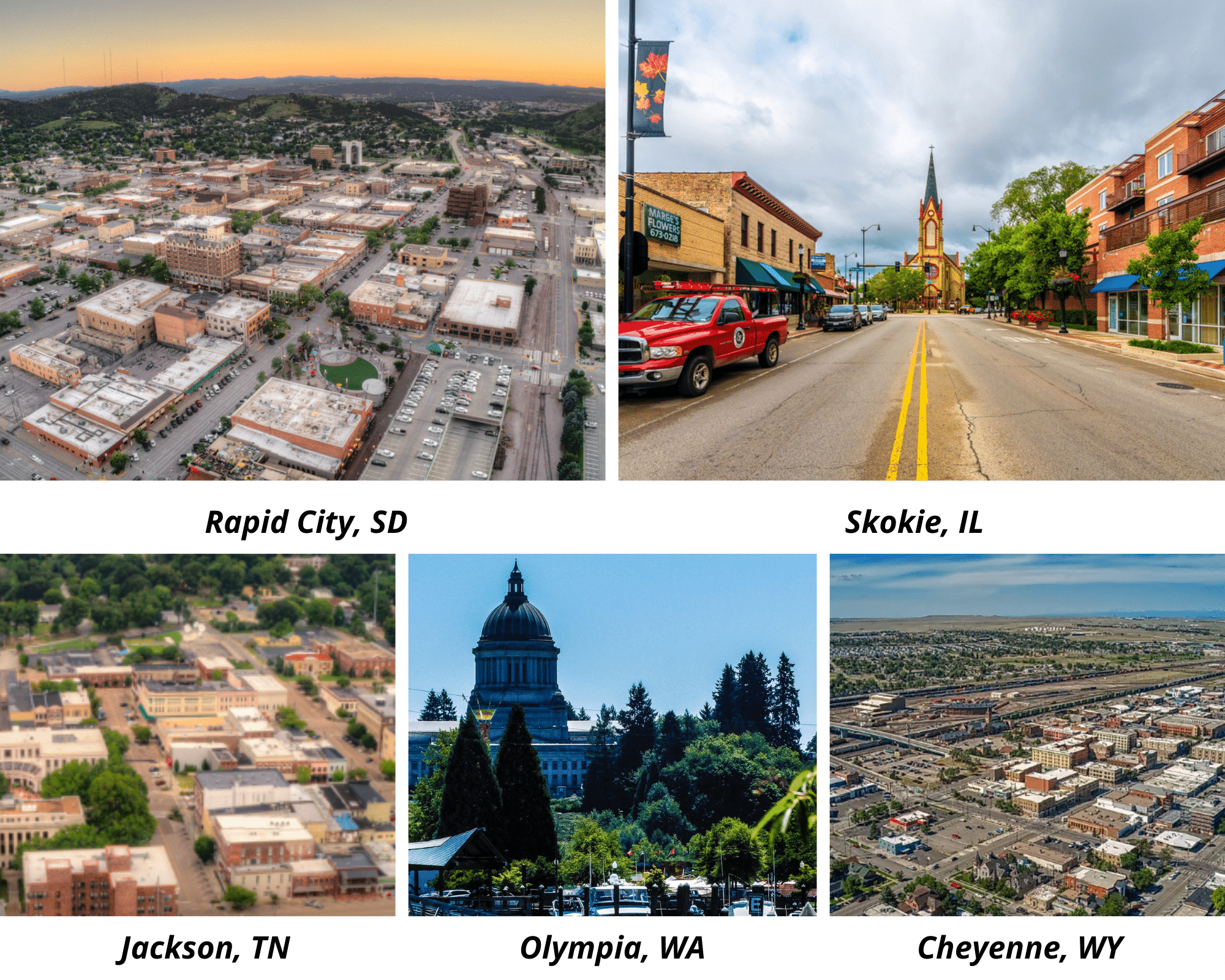 Composite image of aerial views of cities we have worked with, including Skokie, IL, Jackson, TN, Olympia, WA, and Cheyenne, WY