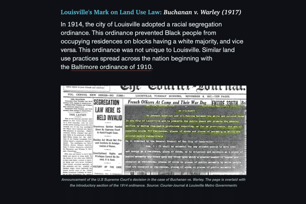 The story map describes the history of racism in its planning and zoning policies, illustrated with archival images, as in this example.