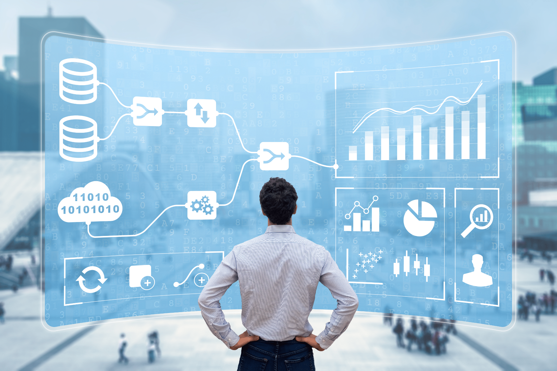 Man standing in front of a big screen showing data is used to illustrate data visualization as a tool for cities