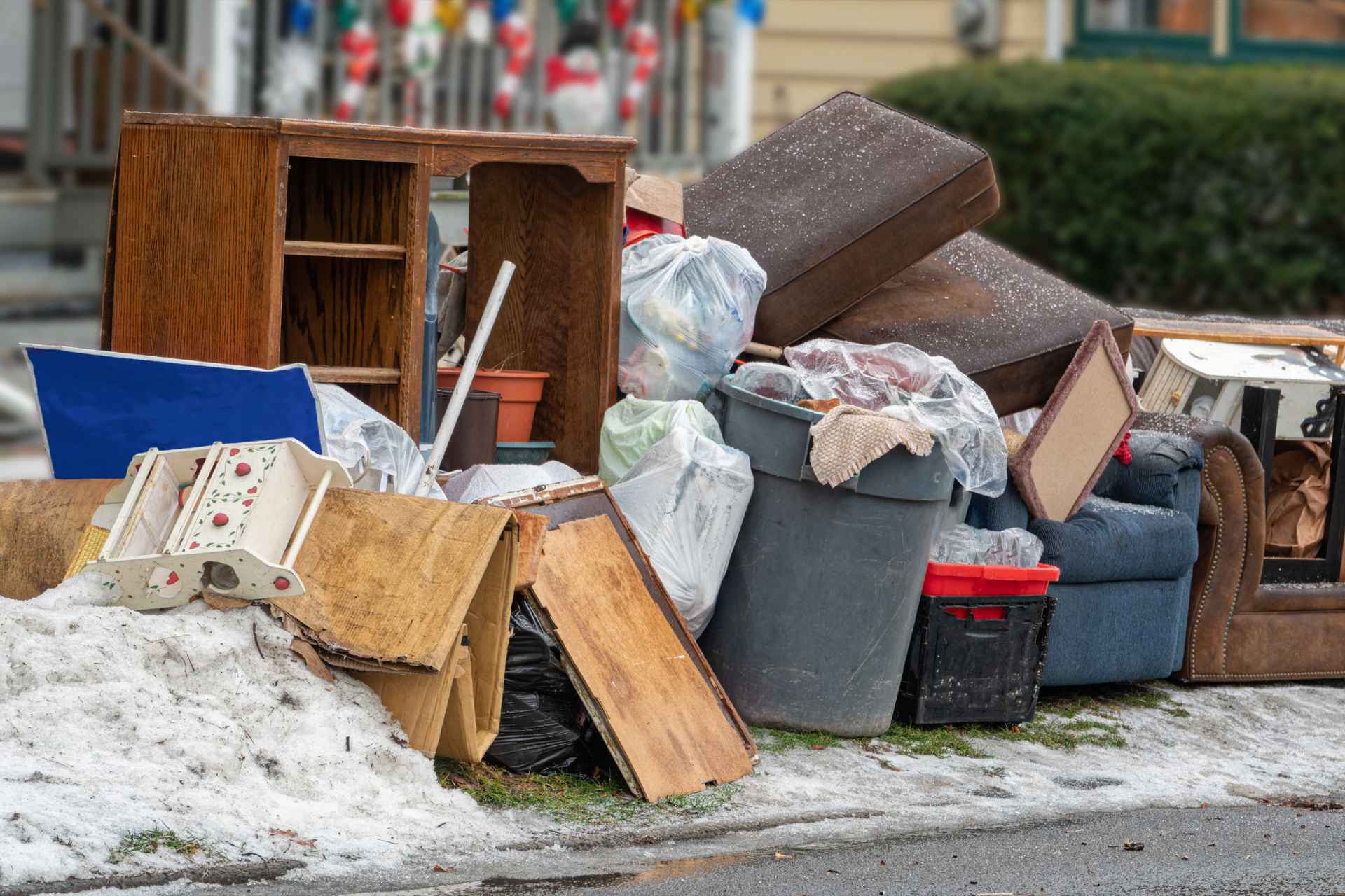 Picture of items thrown in the street is used to illustrate an eviction